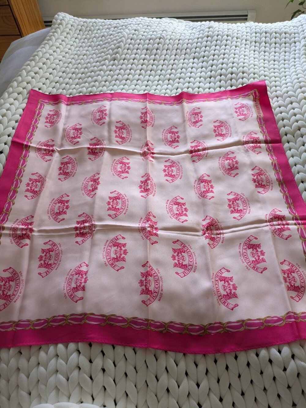 Juicy Couture 30.5" Silk Square Scarf Fushia and Light Pink, Gold
